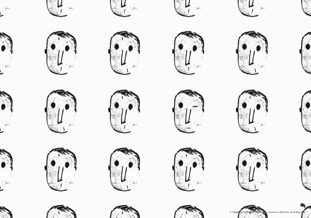 Wiederholt gestempelte, schematische Gesichter in Schwarz-Weiß, gleichförmig und emotionslos – als visuelle Metapher für Austauschbarkeit, fehlende Individualität und gedankenlose Gleichmacherei.