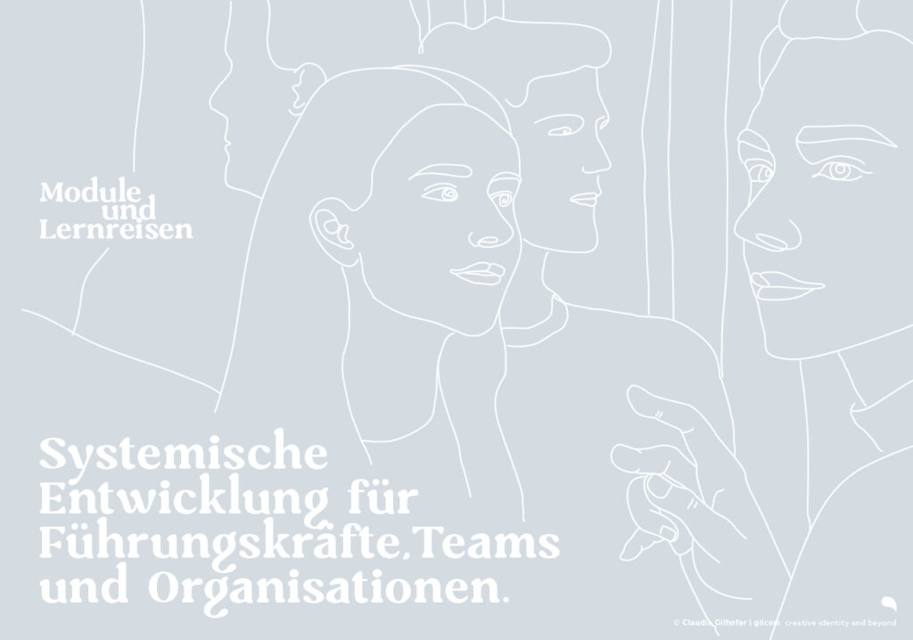 Symbolische Linienzeichnung von Menschen im Gespräch – visuelle Darstellung systemischer Entwicklung für Führungskräfte, Teams und Organisationen im Kontext von Modulen und Lernreisen.
