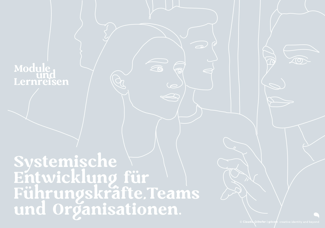 Symbolische Linienzeichnung von Menschen im Gespräch – visuelle Darstellung systemischer Entwicklung für Führungskräfte, Teams und Organisationen im Kontext von Modulen und Lernreisen.